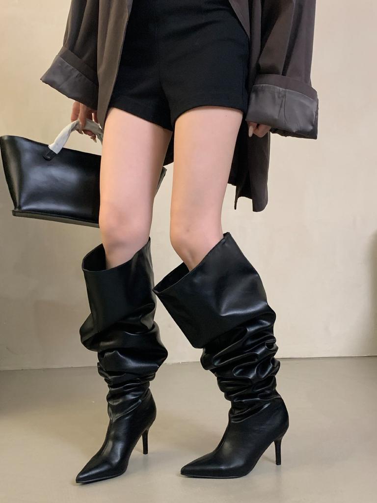 Spice Girl Big Tube High Heel Pile Boots Skinny European and American Black Boots Women But Knee Pointed Boots