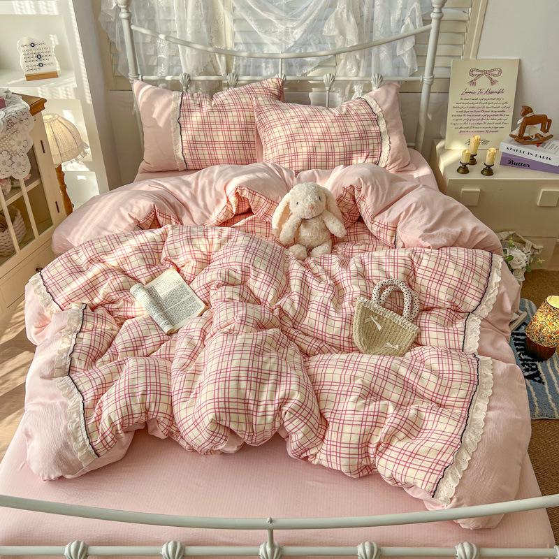 Korean Style Lace Skin-Friendly Double Layer Gauze Printed Bedding Set - Three or Four Pieces
