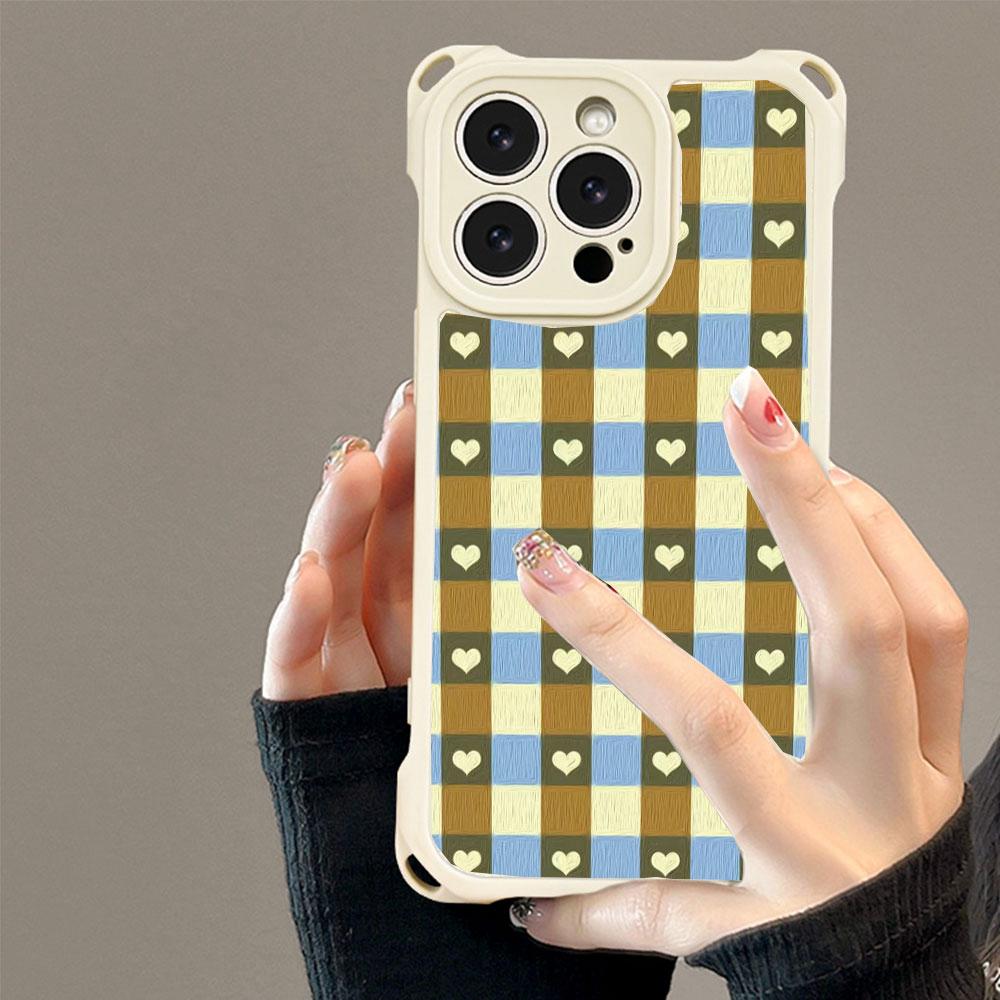Cute Heart Colorful Grid Pattern TPU For Iphone 17 16 15 14 12 Phone Case Four Corner Anti Fall Protection Portable Hanging Rope