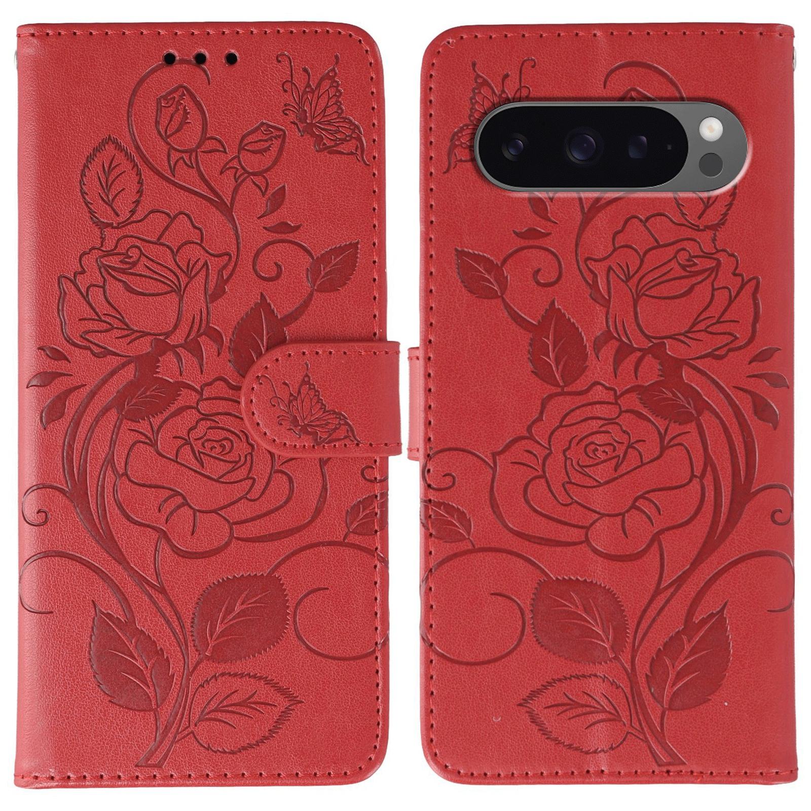 

Phone Case For Google Pixel 10/10 Pro/9/9 Pro Wallet Stand Imprinted Rose Butterfly PU Leather Cover Red