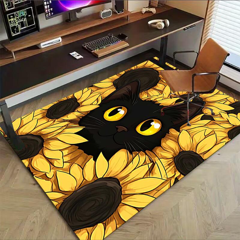1PC Black Cat Sunflowers Anti-slip carpet, suitable for Office, bedroomand playrooms. It can also be used as a sofa footrest cover-W93