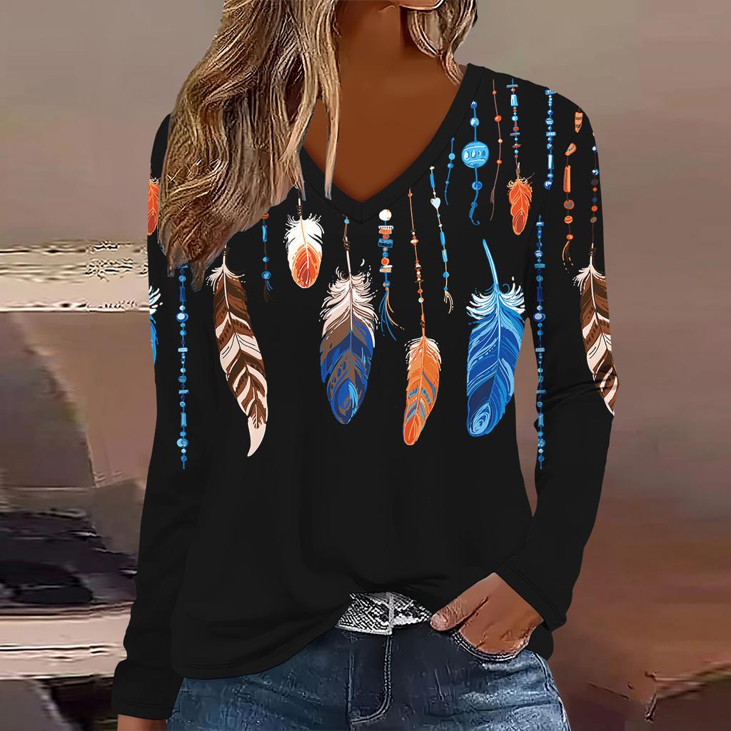 Europäische und amerikanische Mode  Elegantes Damen-T-Shirt mit V-Ausschnitt und langen Ärmeln