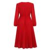 Women's Color Long Sleeved Slim Fitting Pleated Belt V-neck Dress