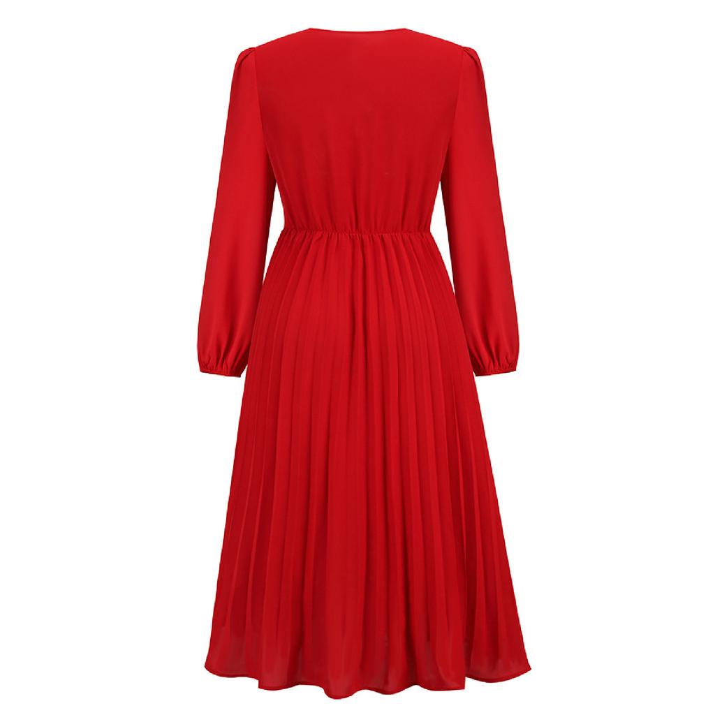 Women's Color Long Sleeved Slim Fitting Pleated Belt V-neck Dress