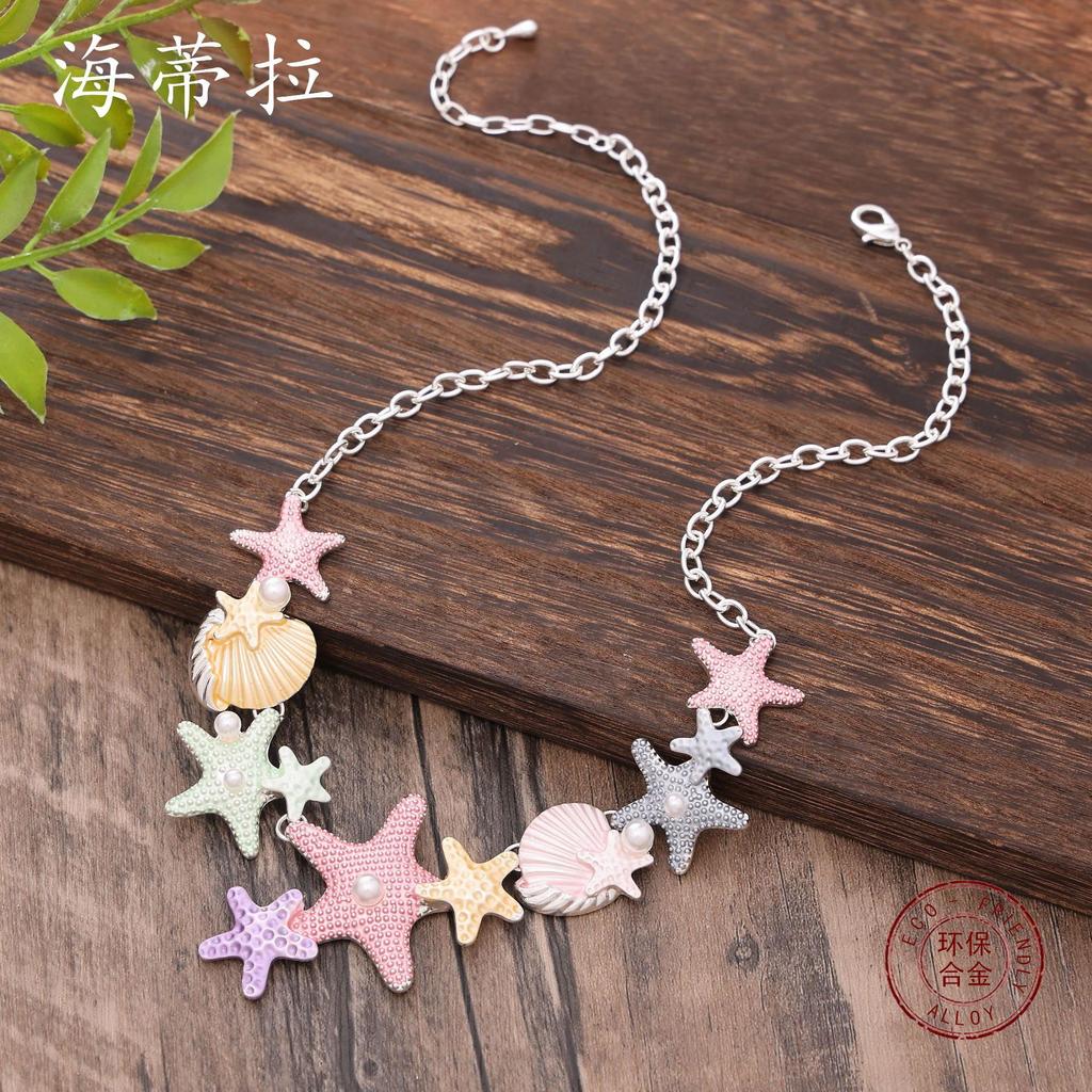 Peinture couleur huile mignon collier étoile de mer ensemble boucles d'oreilles clous, petit collier étoile de mer polyvalent pour femmes