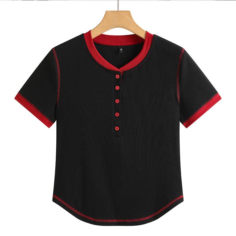 

Женская хлопковая футболка с коротким рукавом, V-образным вырезом, цветными блоками и застежкой на пуговицы, весна/лето 2025 XL