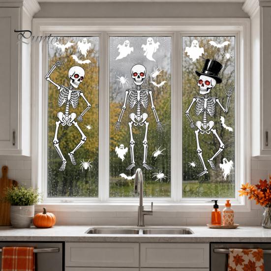 Long-lasting Color Glass Decal 3Pcs Halloween Skeleton Stickers, Waterproof PVC Window Clings, Static Decals, Rent-friendly Removable Stickers