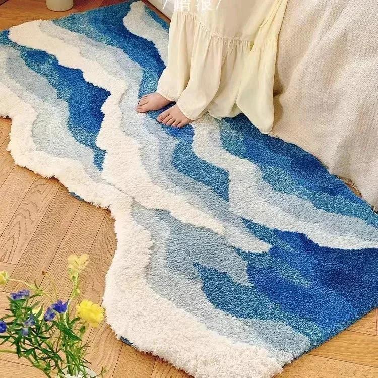 Thick Flocking Ocean Wave Rug Non Slip Rubber Back Washable Acrylic Floor Mat For Bedroom Bathroom Beach House Decor