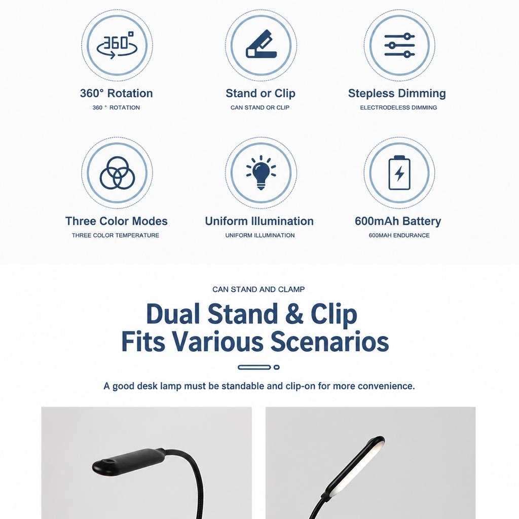 LED Desk Lamp Clip On USB Rechargeable Mini Reading Light for Students Study