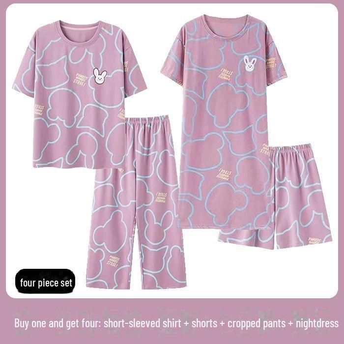 Women's Summer Cotton-Feel Short-Sleeve Nightdress & Pajama Set