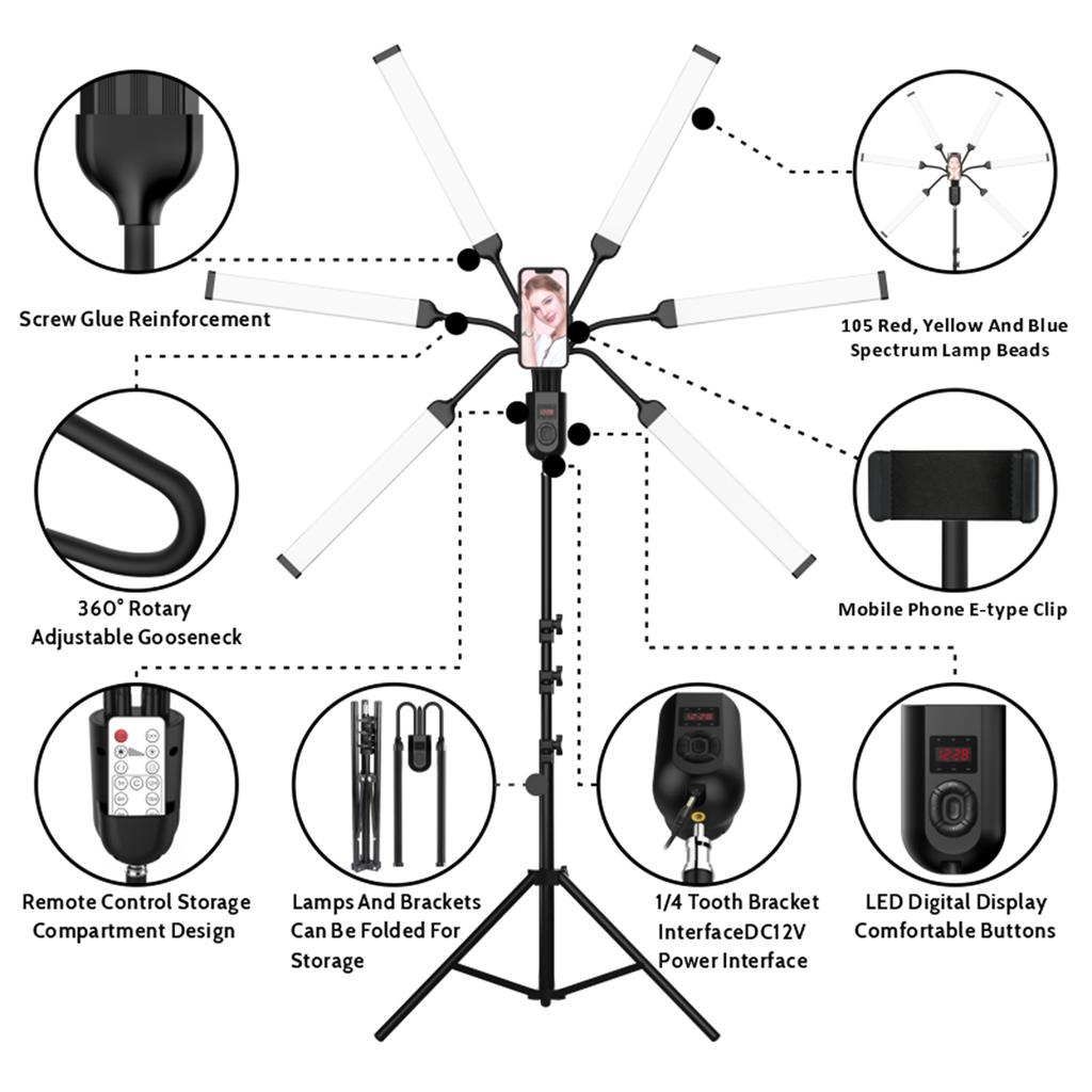 Flexible 6-Arms LED Video Light 60W Photography Fill Light 3000K/4000K/6000K Bi-color Dimmable with