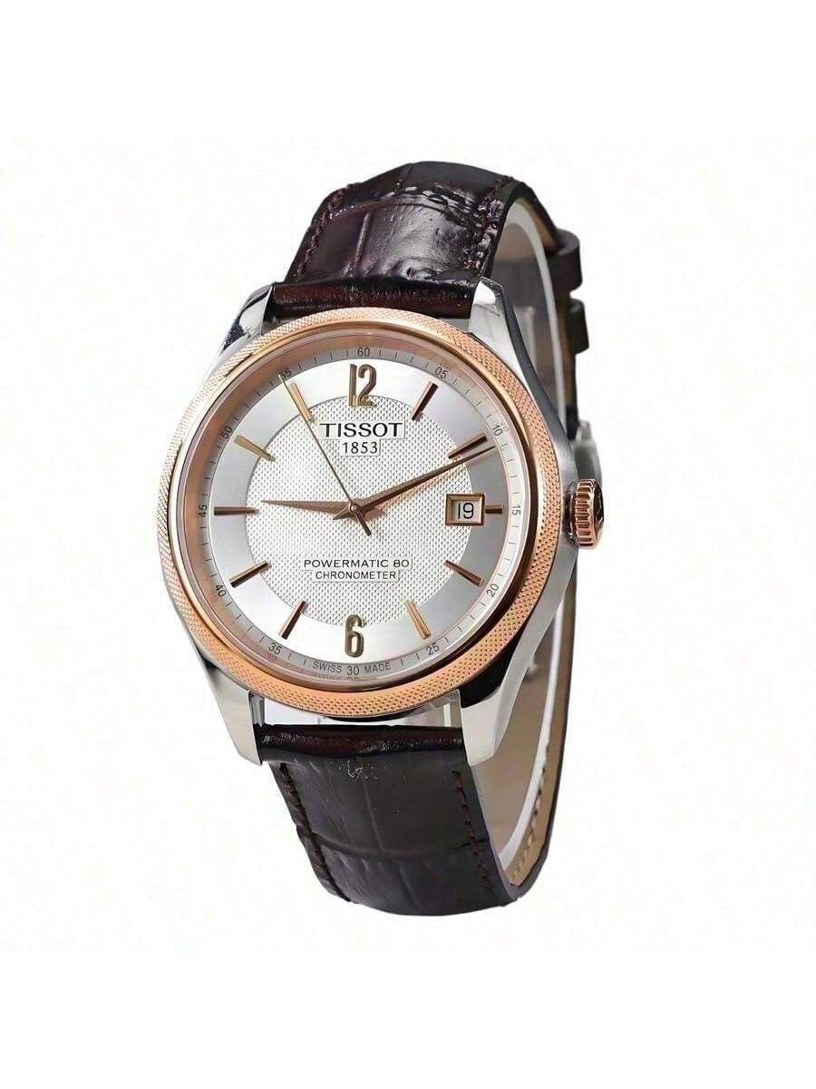 

Tissot self-winding men s watch with white dial, date display, genuine leather strap, mixed indices, classic design—an elegant T108.408.26.037.00 білий