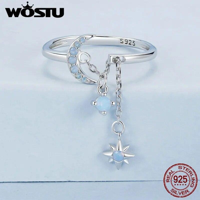 WOSTU 925 Sterling Silver Star and Moon Link Ring With Nano Opal For Women's Engagement & Proposal Parties Fine Jewelry Gifts