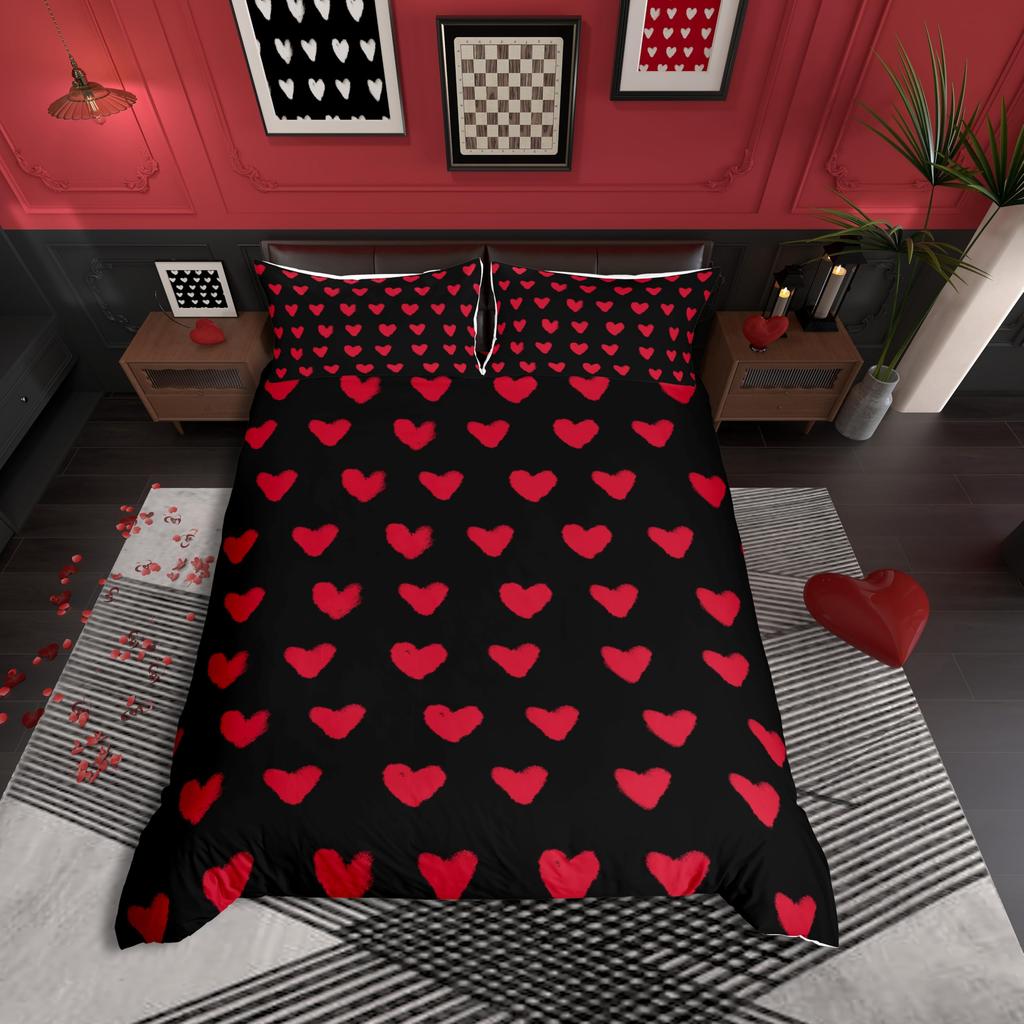 Red Hearts Soft Duvet Cover Set Quen Sized Dimensions, Red plus White Love Beding Set,Romantic Valentine Warm Comforter Cover Set,Couple Hearts Love