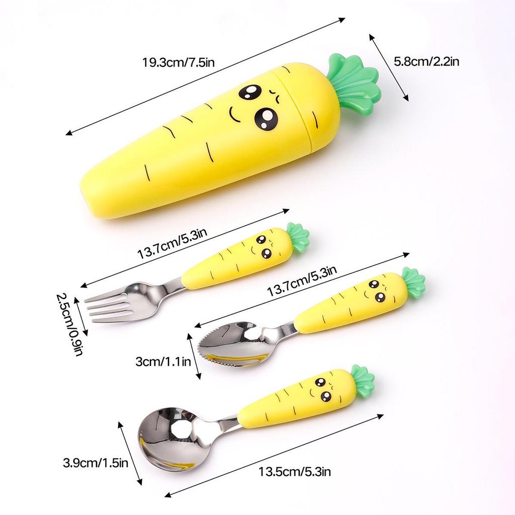 Set di Forchetta e Cucchiaio in Acciaio Inossidabile con Manico a Forma di Carota per Bambini
