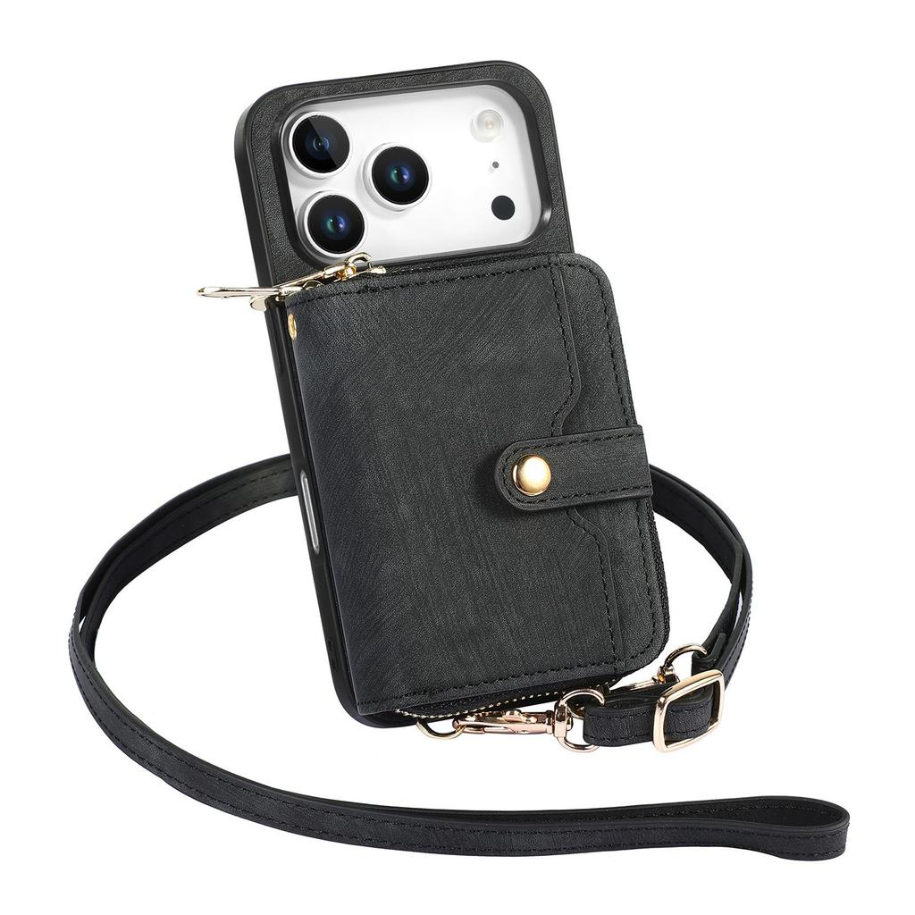 For iPhone 17 Pro Max PU Leather Phone Back Cover with Zipper Card Holder and Long Strap