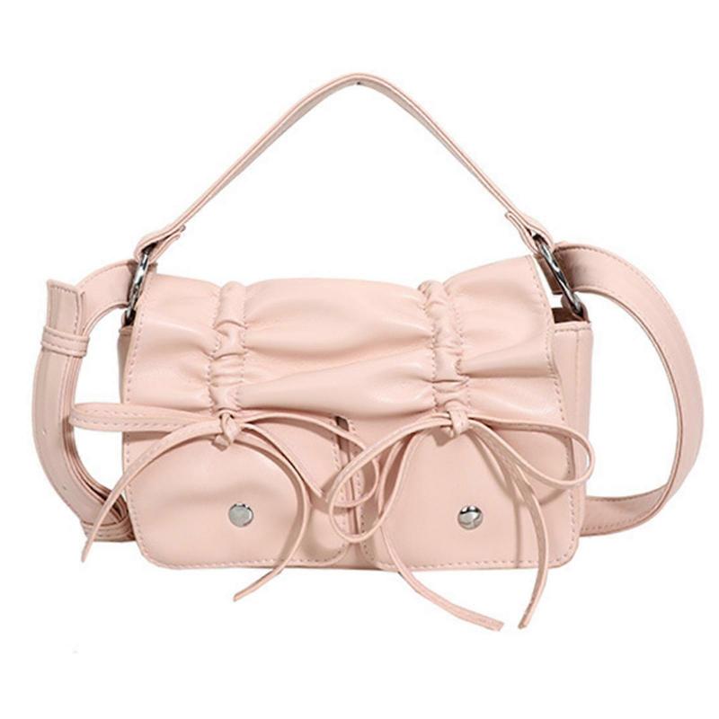 Elegant Bowknot Pu Leather Shoulder Bag for Women Versatile Crossbody Bags Satchel Handbag with Short Handle  Pink