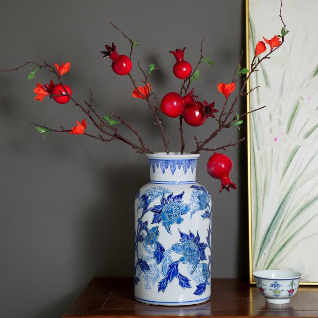 Blue & White Hand-Painted Porcelain Vase: Elegant Ceramic Ornament for Living Room or Entryway.