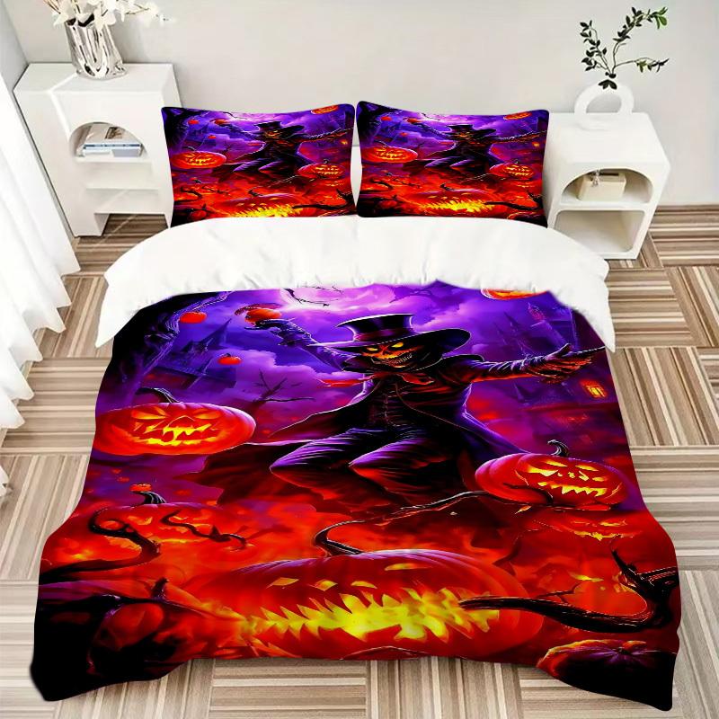 3pcs Halloween Pumpkin Lanterns Duvet Cover Set - Machine Washable, Includes 1 Cover and 2 Pillowcases, No Core Included yy251013020