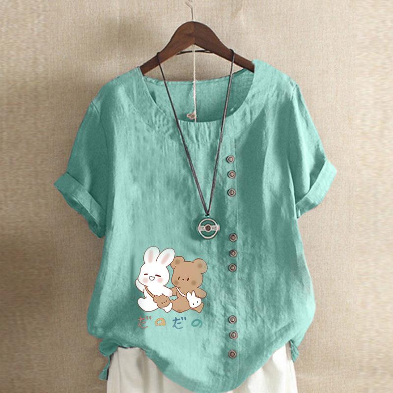 Women's New Fashion Linen Shirt Round Neck Short Sleeve Rabbit and Bear Printed T-shirt Summer Ladies Casual Plus Size Blouse Tops