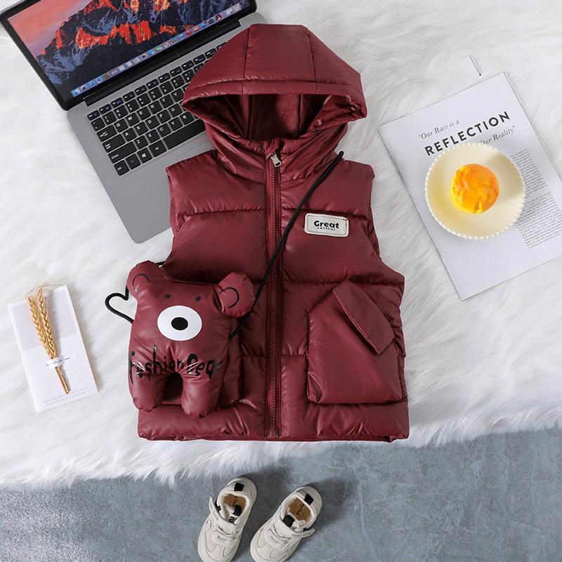 Backpack-ear Children's Down Cotton Vest, Autumn and Winter Thick Outerwear Hooded Vest for Boys and Girls
