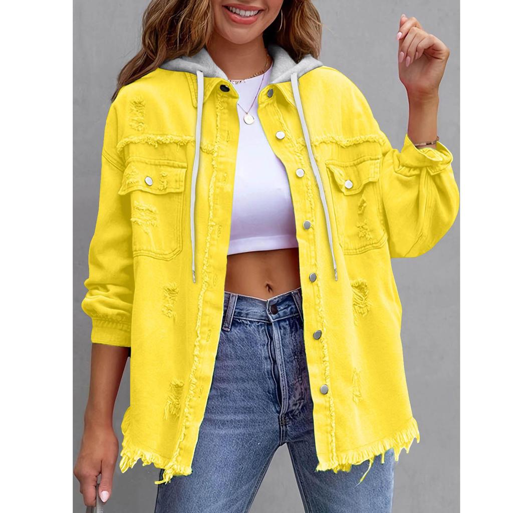 New Denim Hooded Jacket, Women's Solid Color Loose Jacket, Ripped Long-sleeved Women's Denim Shirt