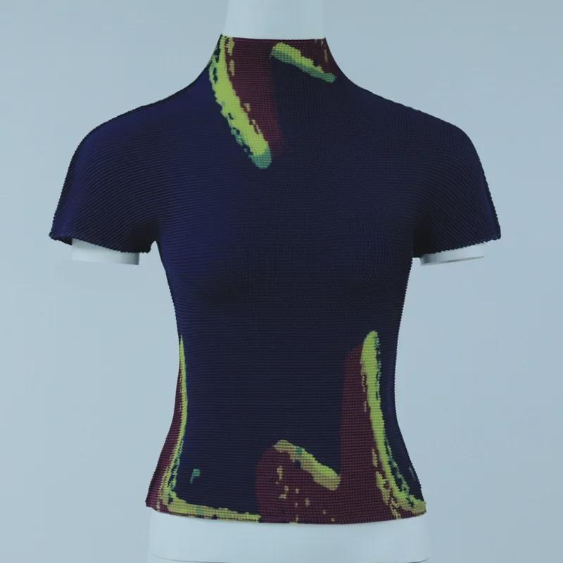 

Женская узкая плиссированная футболка с коротким рукавом и высоким воротником - модный стиль весна/лето One Size