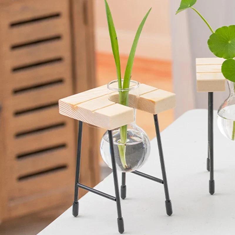 Artistic Wooden Frame Glass Hydroponics Vase Vintage Home Decor Artistic Transparent Flowerpot Coffee Shop Tabletop Decor