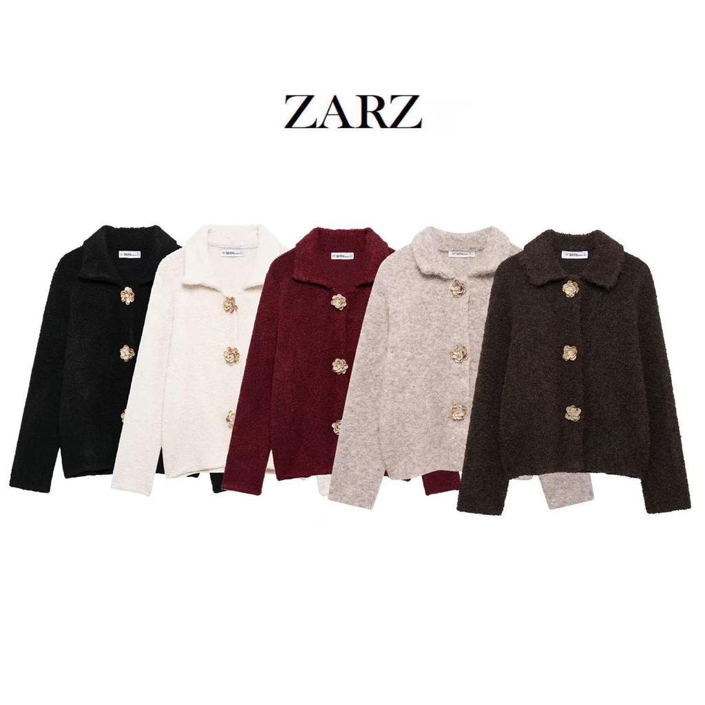 European & American Style Women's Faux Fur Knitted Cardigan with Floral Buttons