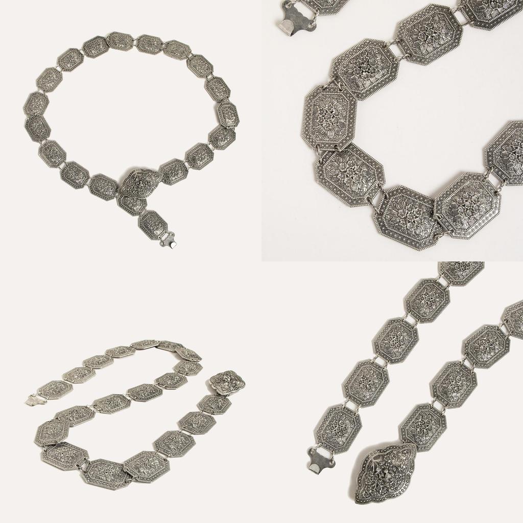 Geometric Waist Metal Chain For Women With Carved Design And Folk Fashion Style