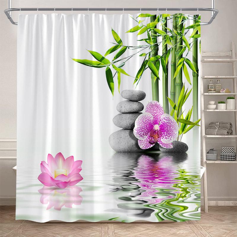 Zen Shower Curtain Natural Flowers Butterfly Grey Stone Reflection Spa Scenery Home Bathroom Decor Polyester Fabric Bath Curtain