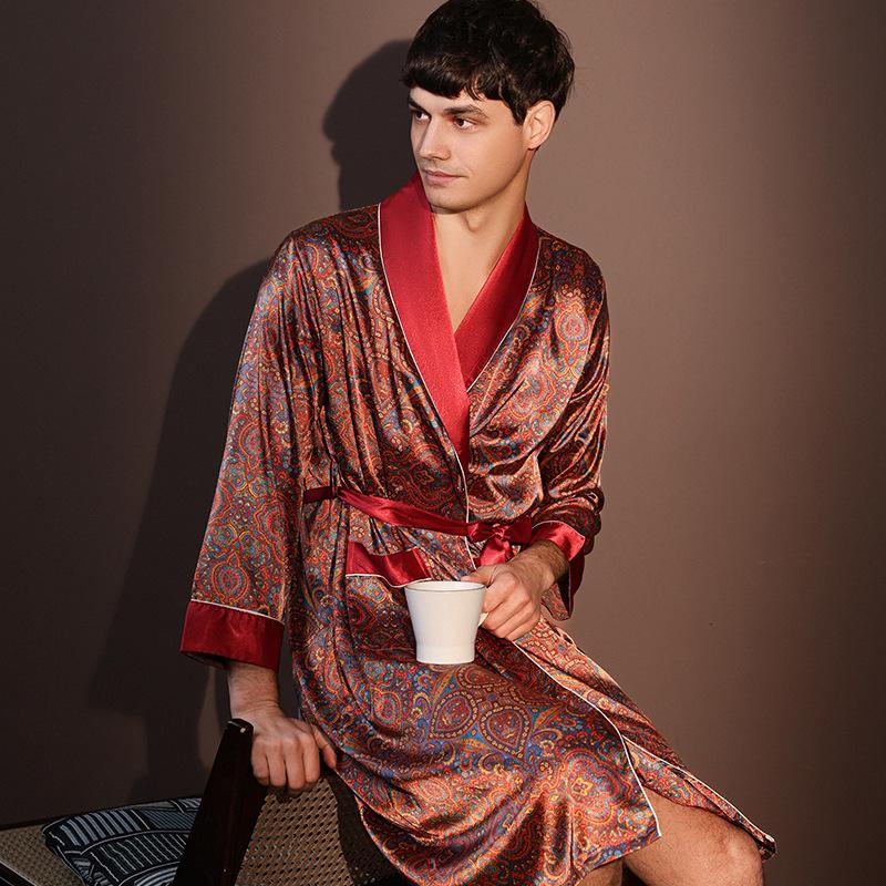 Robe da Notte Uomo di Alta Qualità Estive Sottili Accappatoio Taglia Grande Pigiama Stampato in Seta Ghiacciata Vestaglia Intera Abbigliamento da Casa Maschile Primavera