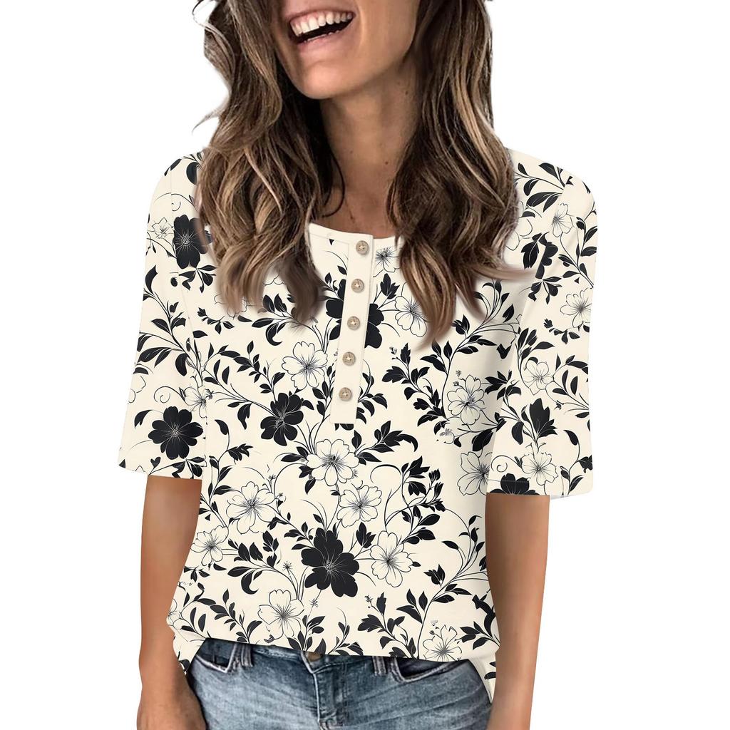 Shirts For Women Trendy Round Neck Button T Shirts Printed  Blouse Half Sleeve Tops For Women