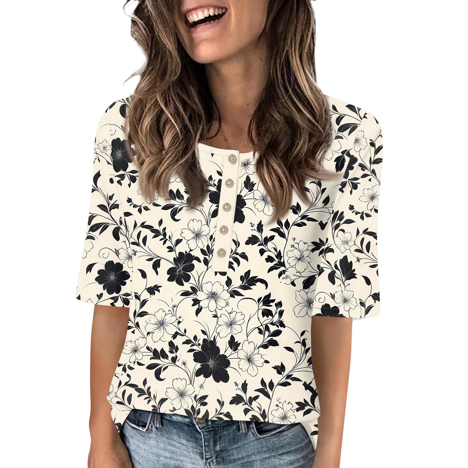 

Сорочки для жінок модні з круглим вирізом на ґудзиках футболки з принтом блуза з рукавом три чверті топи для жінок S бежевий