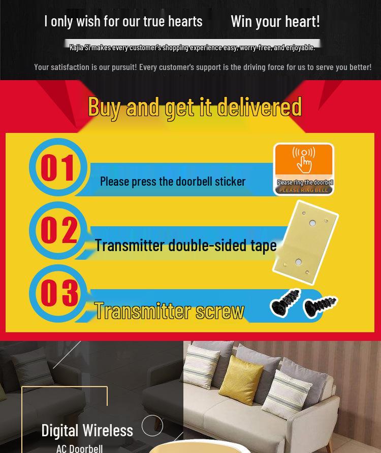 Kajia Si Wireless Smart Doorbell: Waterproof Dual-Function AC Digital Door Chime with Music