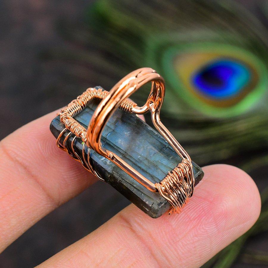 Natural Labradorite Gemstone Handmade Copper Wire Wrap Gift Ring Size 6 O8v21