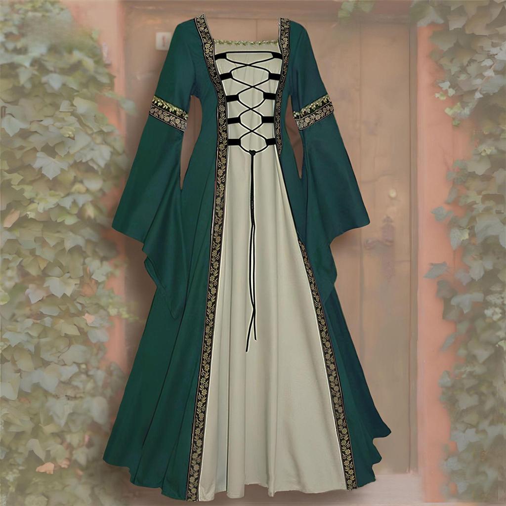 2026 Gothic Retro Medieval Lace-up Ruffle Dress - Long Sleeve Women's Performance Costume