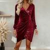 Dames Pailletten Velvet Wikkel Mini Jurk Lange Mouw V-Hals Gerimpelde Bodycon Jurk Bruiloftsgast Avondjurk Formele Cocktailparty Jurk