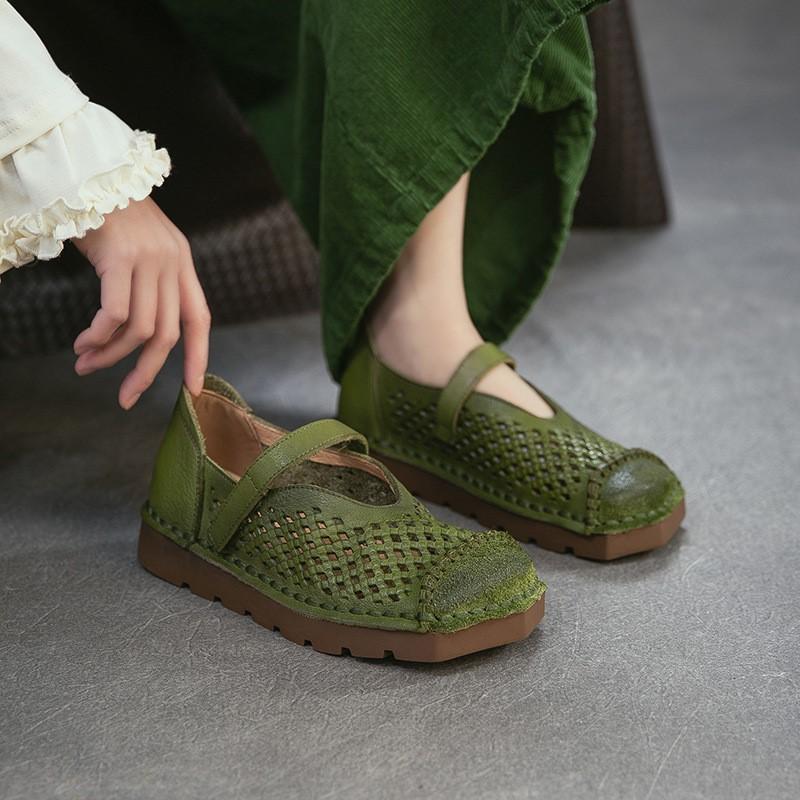 Johnature Genuine Leather Retro Hollow-out Breathable Flat Sandals Square Toe Comfortable Women's Shoes