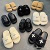 2024 High-Version SMF-K Fur Slippers: Thick-Soled Leather & Velvet Cross Design in Black/Gray