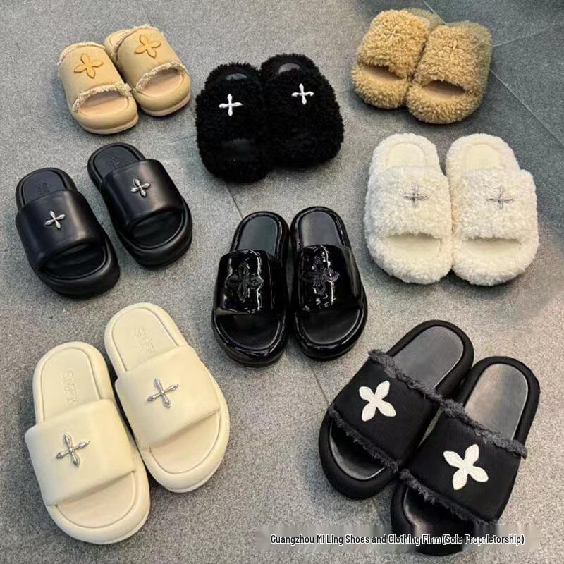 2024 High-Version SMF-K Fur Slippers: Thick-Soled Leather & Velvet Cross Design in Black/Gray
