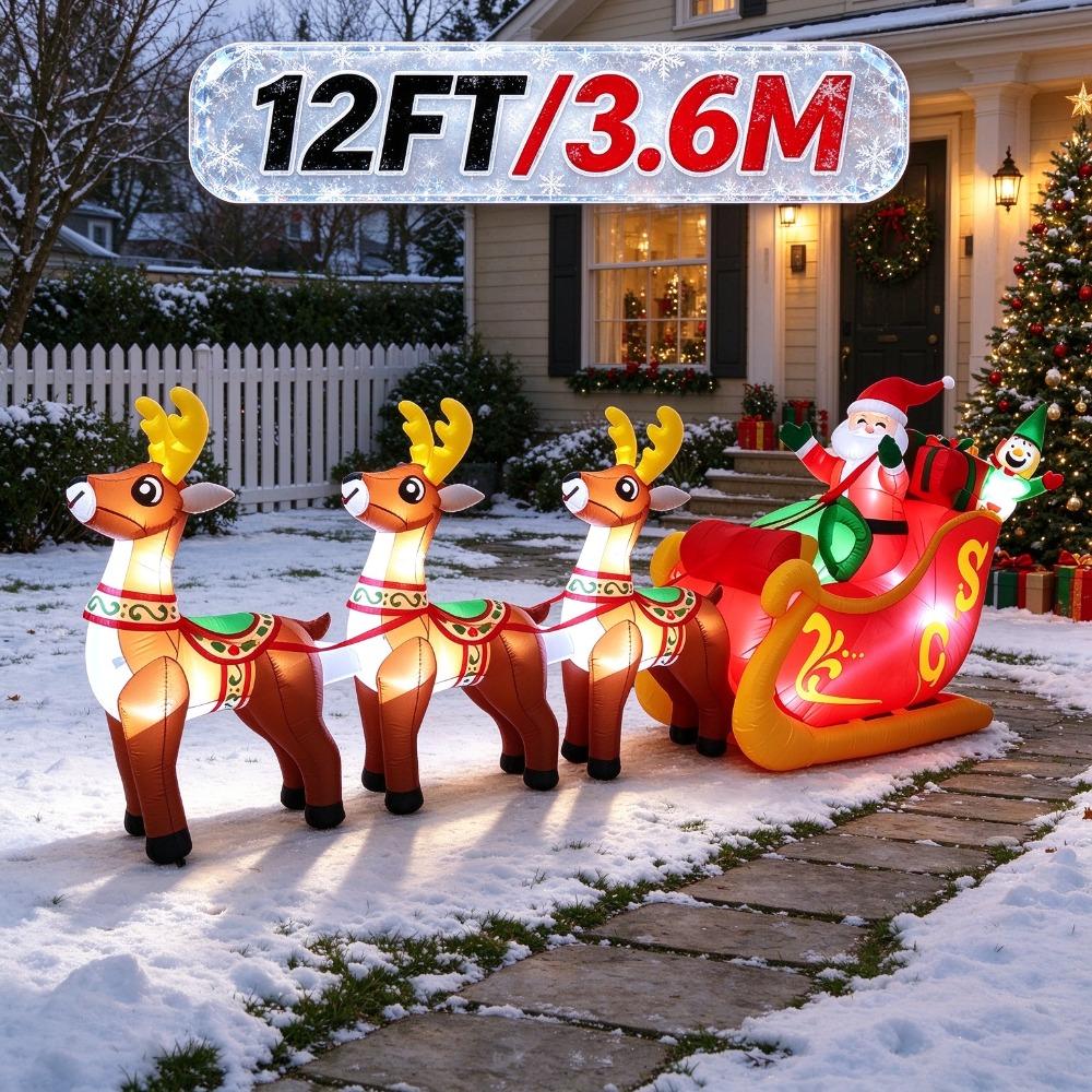 12FT/3.6M Inflatable Santa Claus Sleigh with 3 Reindeer and Elf, Glowing Christmas Outdoor Yard Decor