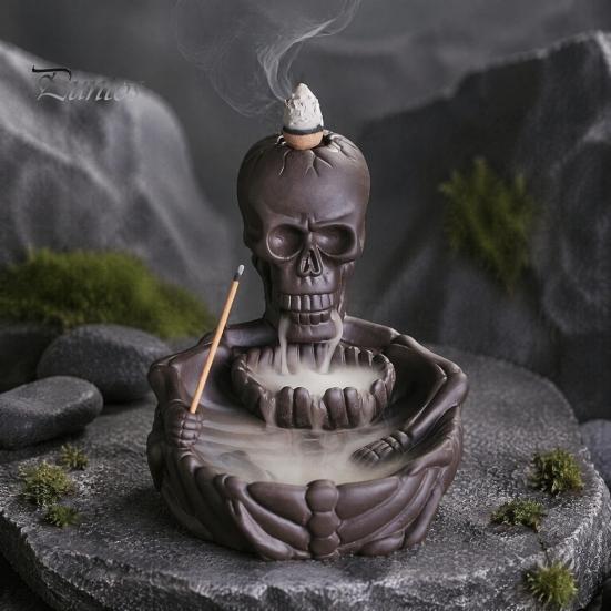 Quemador de Incienso Artesanal Quemador Esqueleto, Portaconos Cascada de Flujo Inverso, Soporte Decorativo Calavera Gótica para Hogar Varilla Decoración Halloween, Meditación