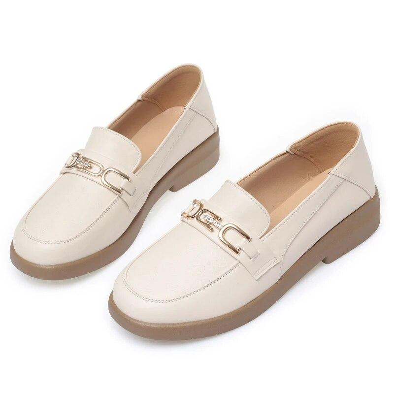 Женские лоферы весенняя повседневная обувь женские туфли без шнуровки с круглым носком из коровьей кожи в британском стиле женская обувь большого размера 35 бежевый 4239₽