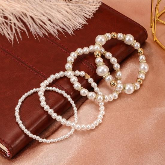 4Pcs Faux Pearl Bracelet Set Simulated Pearl Beaded French Vintage Bracelet Stretch Golden Bead Faux Pearl