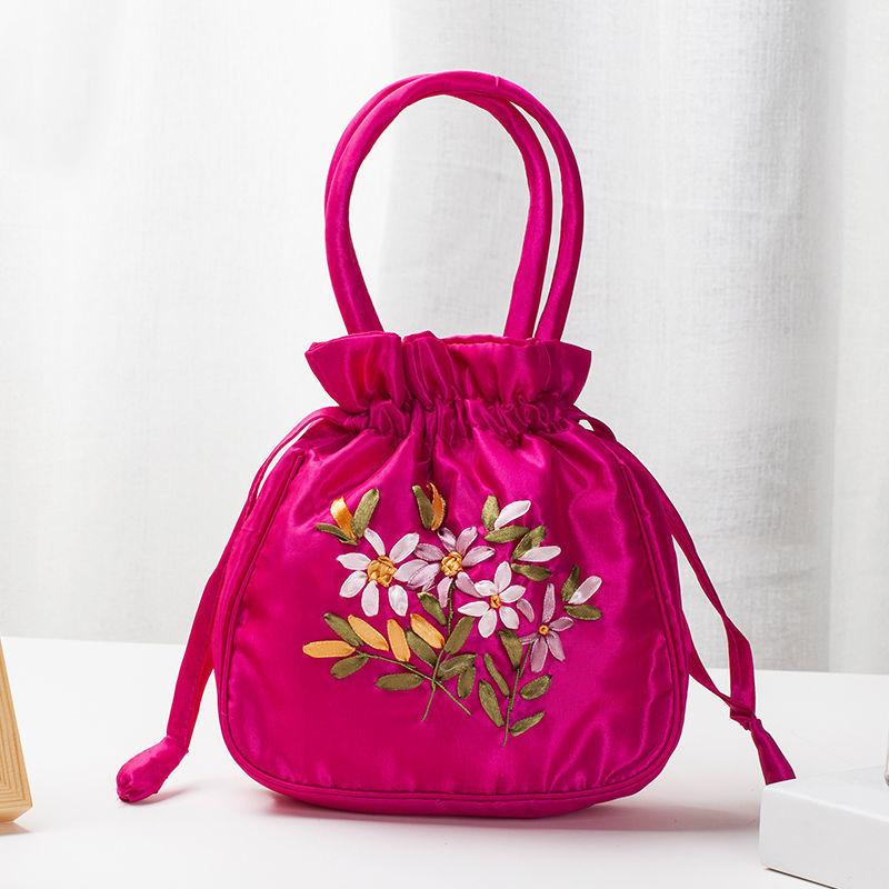 Retro Embroidery Drawstrings Handbags Storage Bags Women Purse Wallets Card Holder Bucket Shoulder Bag