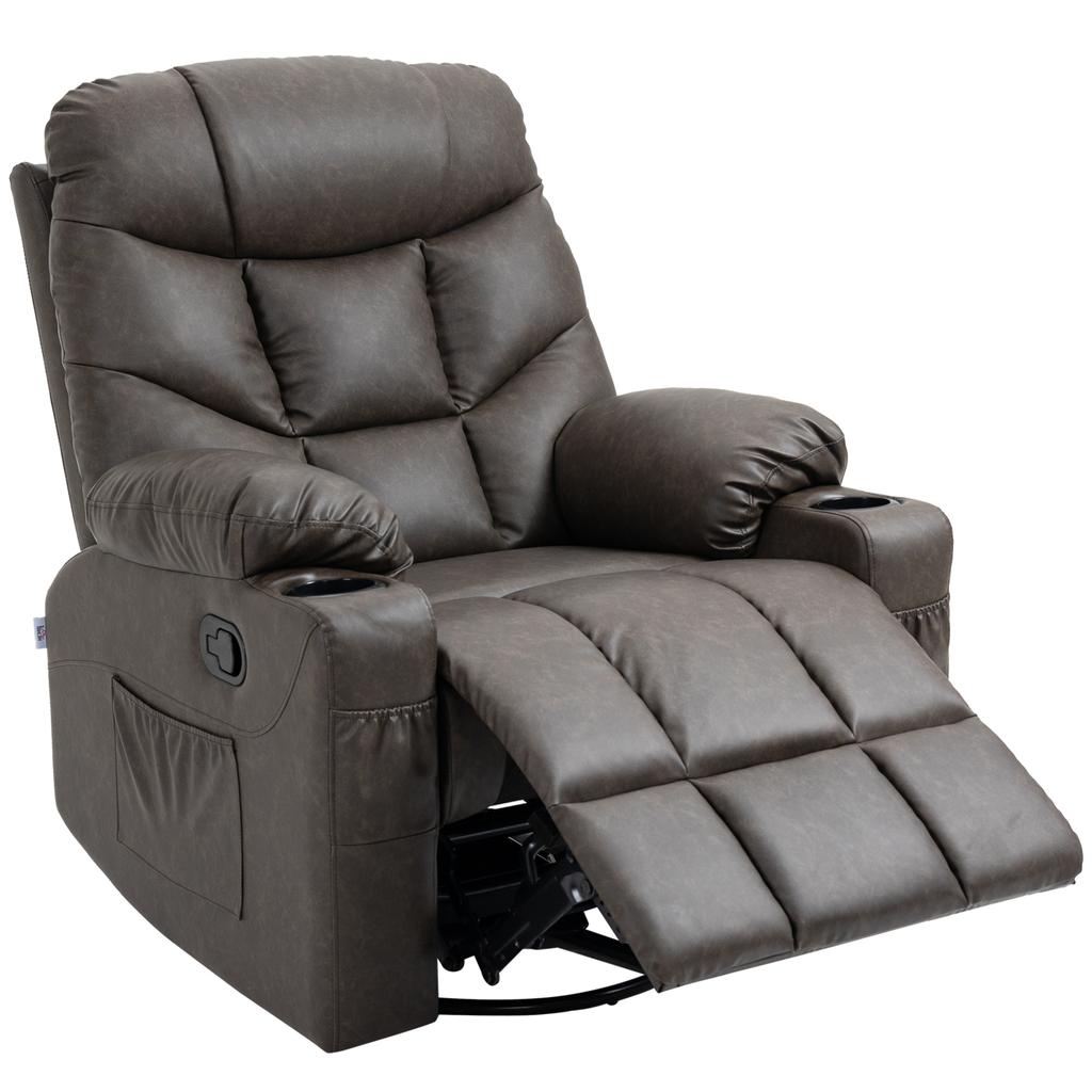 Manual Reclining Chair Recliner Armchair With Faux Leather Footrest Cup Holders 86x93x102cm Brown