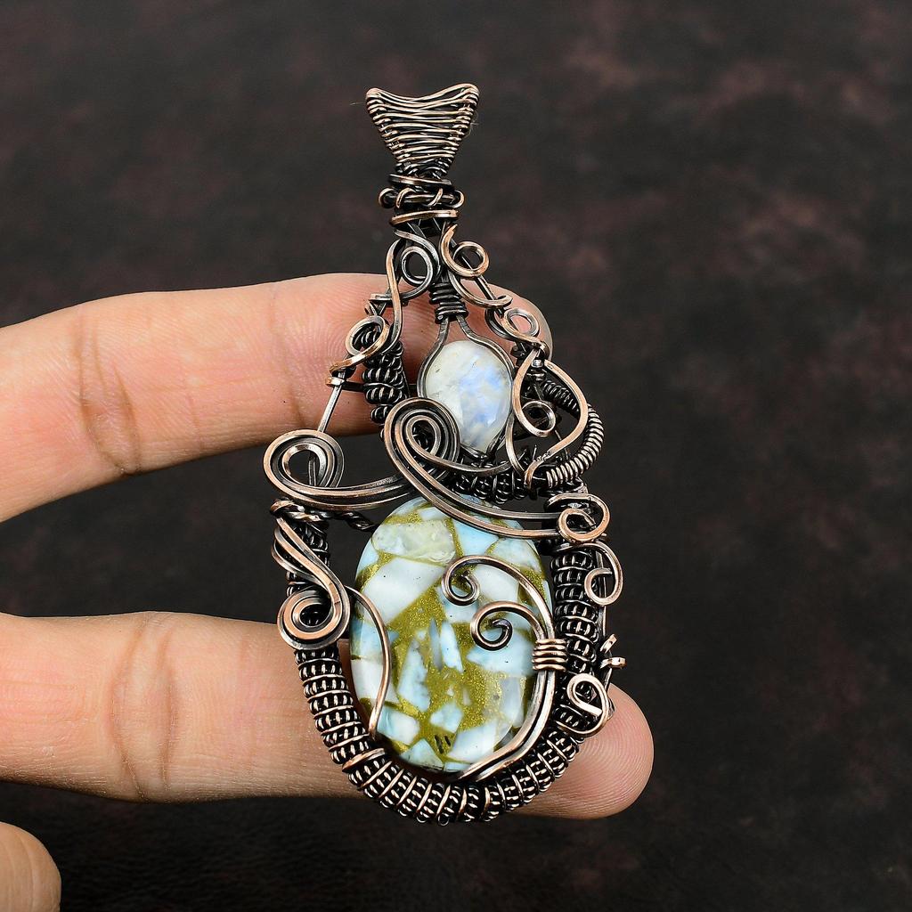 Copper Larimar Pendant Copper Wire Wrapped Pendant Rainbow Moonstone Pendant Copper Wire Wrap Jewelry Gift For Him Handmade Gemstone Jewelry