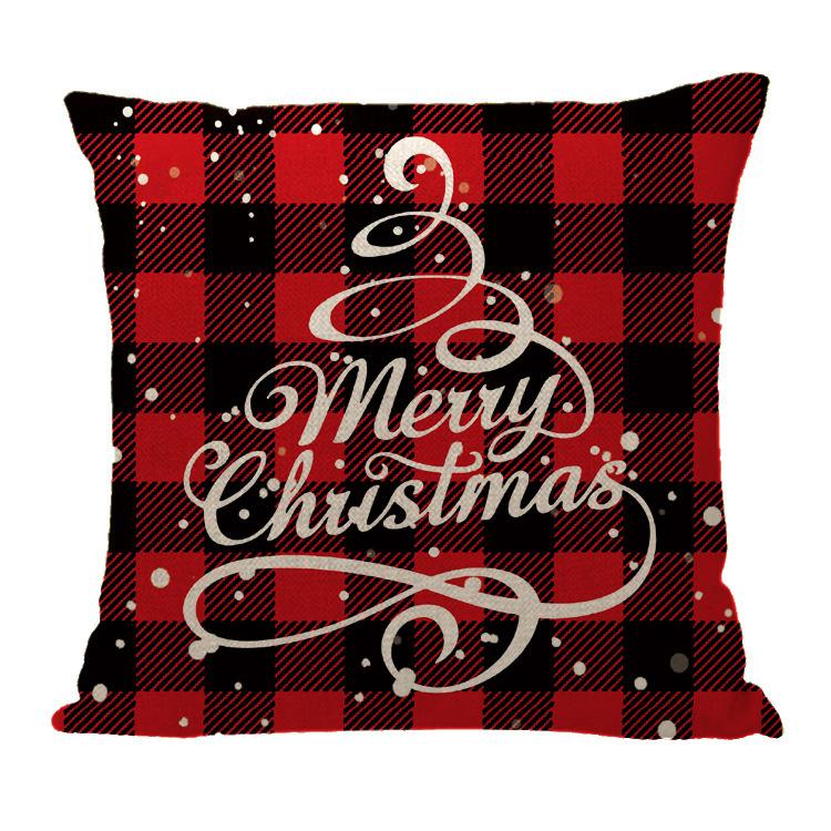 Red Plaid Sofa Linen Christmas Pillow Cover Reindeer Snowflake Home Cushion Cover