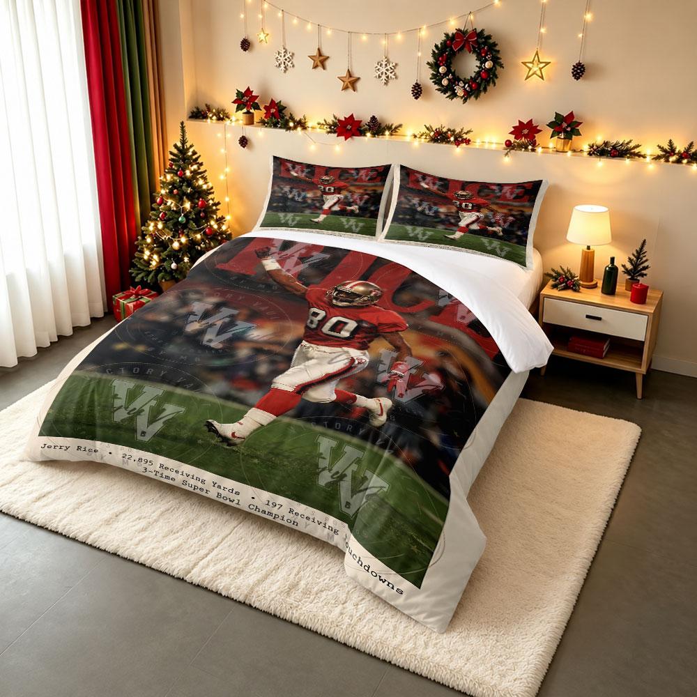 Jerry Rice 80 San Francisco 49ers Bedding Set, Red Gold NFL Receiver, Duvet Cover Set for NFL Football GOAT Wide Receiver Fans